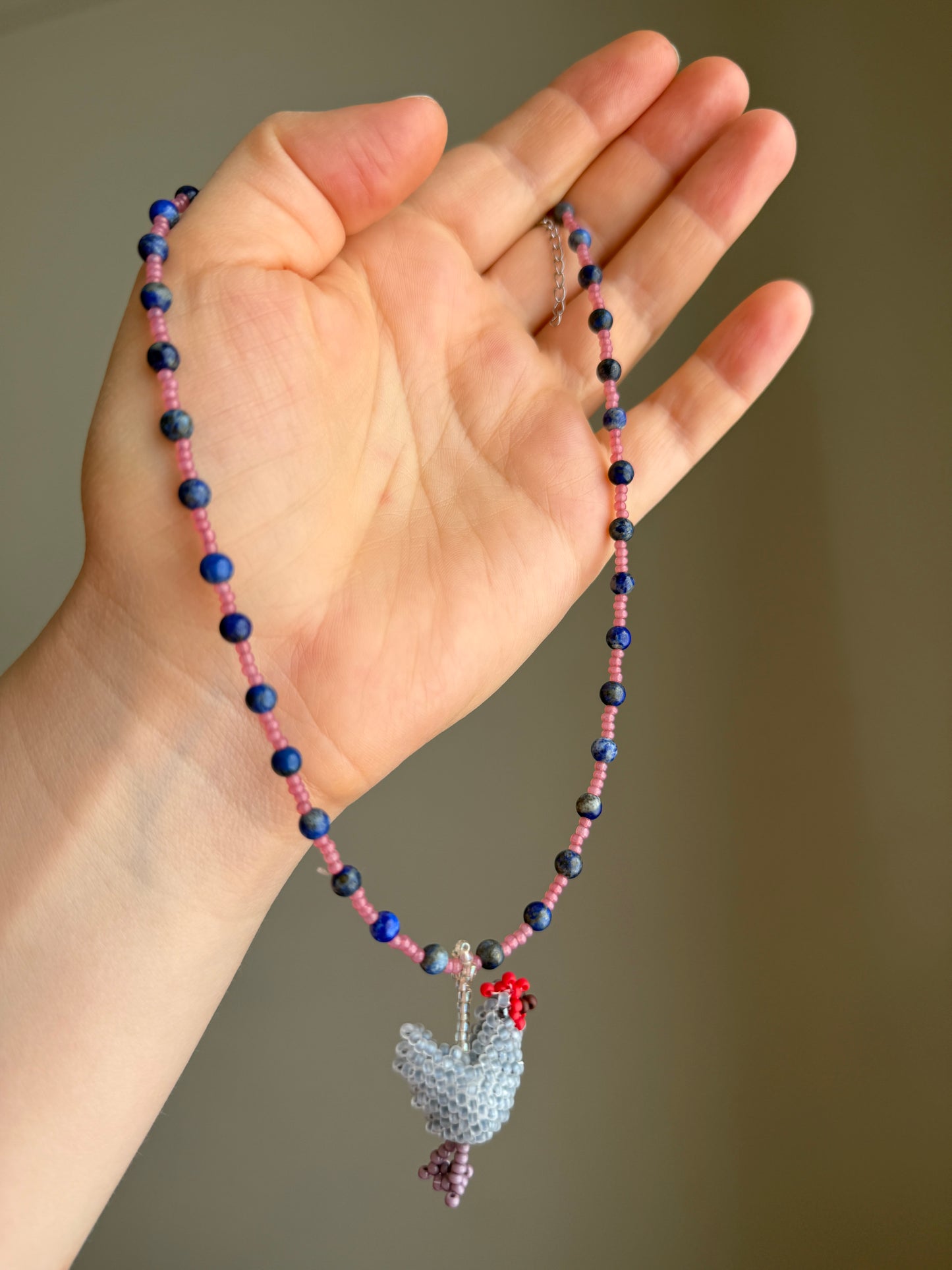 Hen Pendant Necklace with Natural Lapis Lazuli Beads