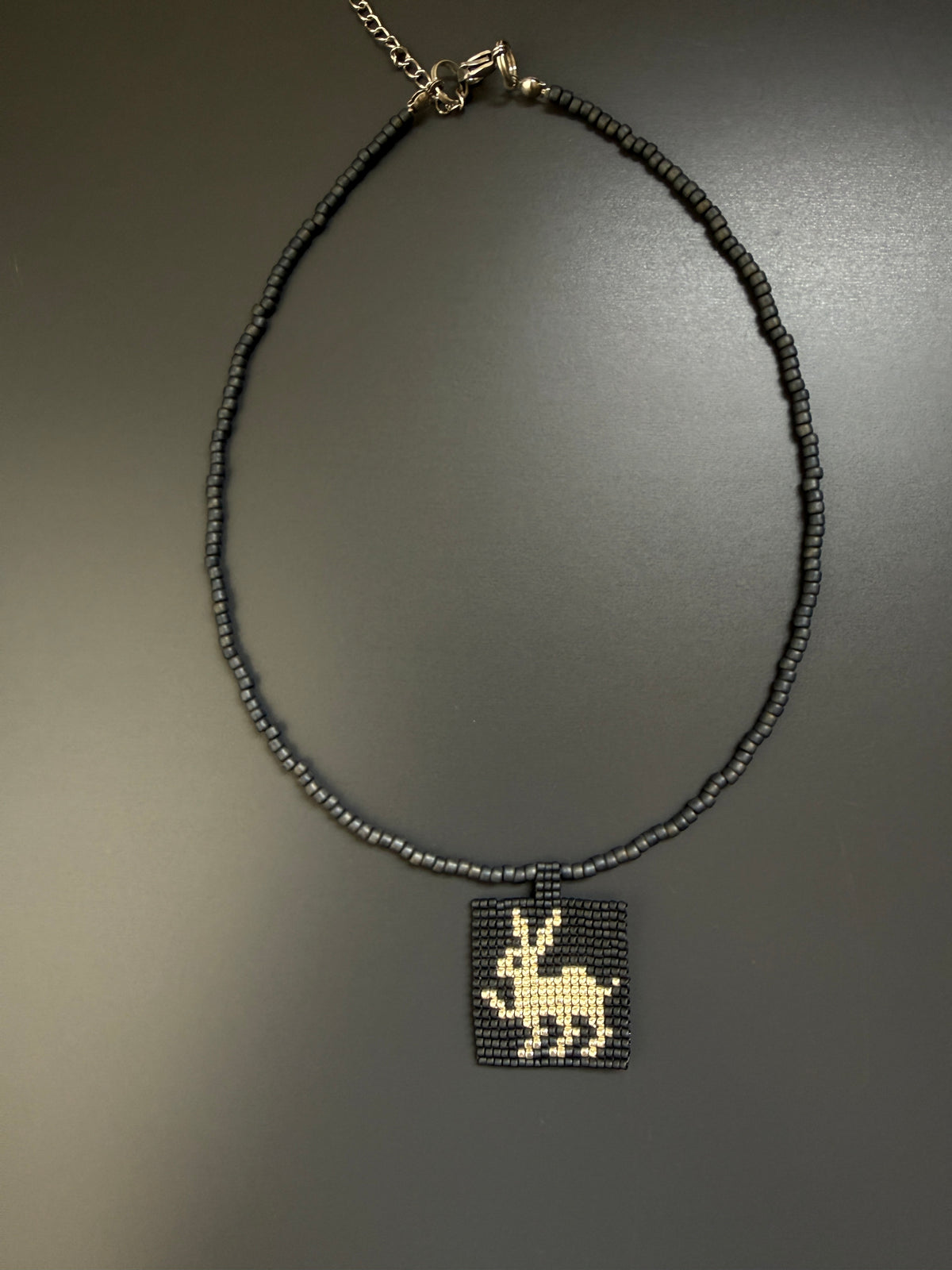 Beaded Rabbit Necklace, Silver Bunny Charm Pendant Choker, Japanese Seed Bead Animal Jewelry