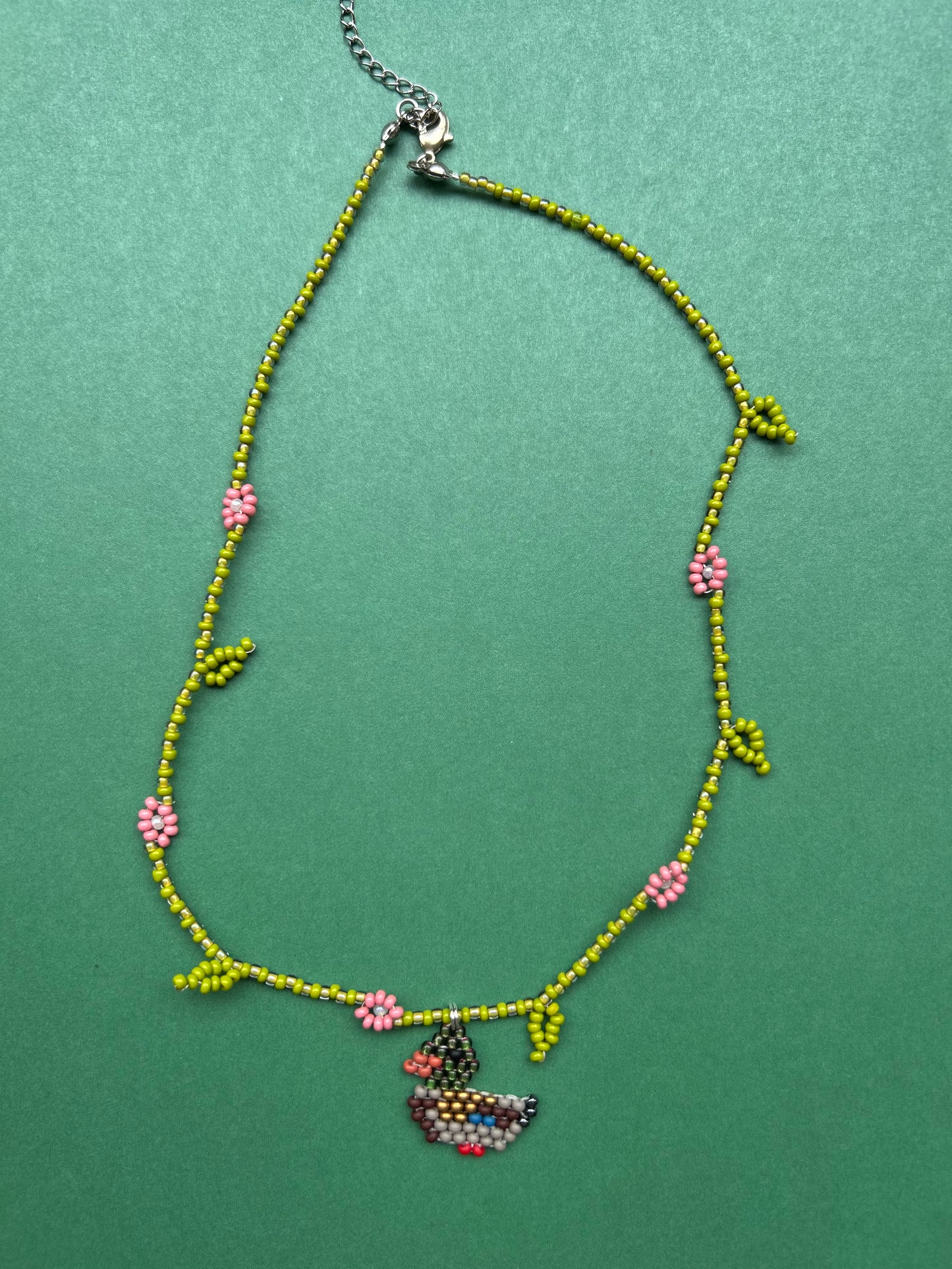 Handmade Beaded Duck Necklace with Flowers