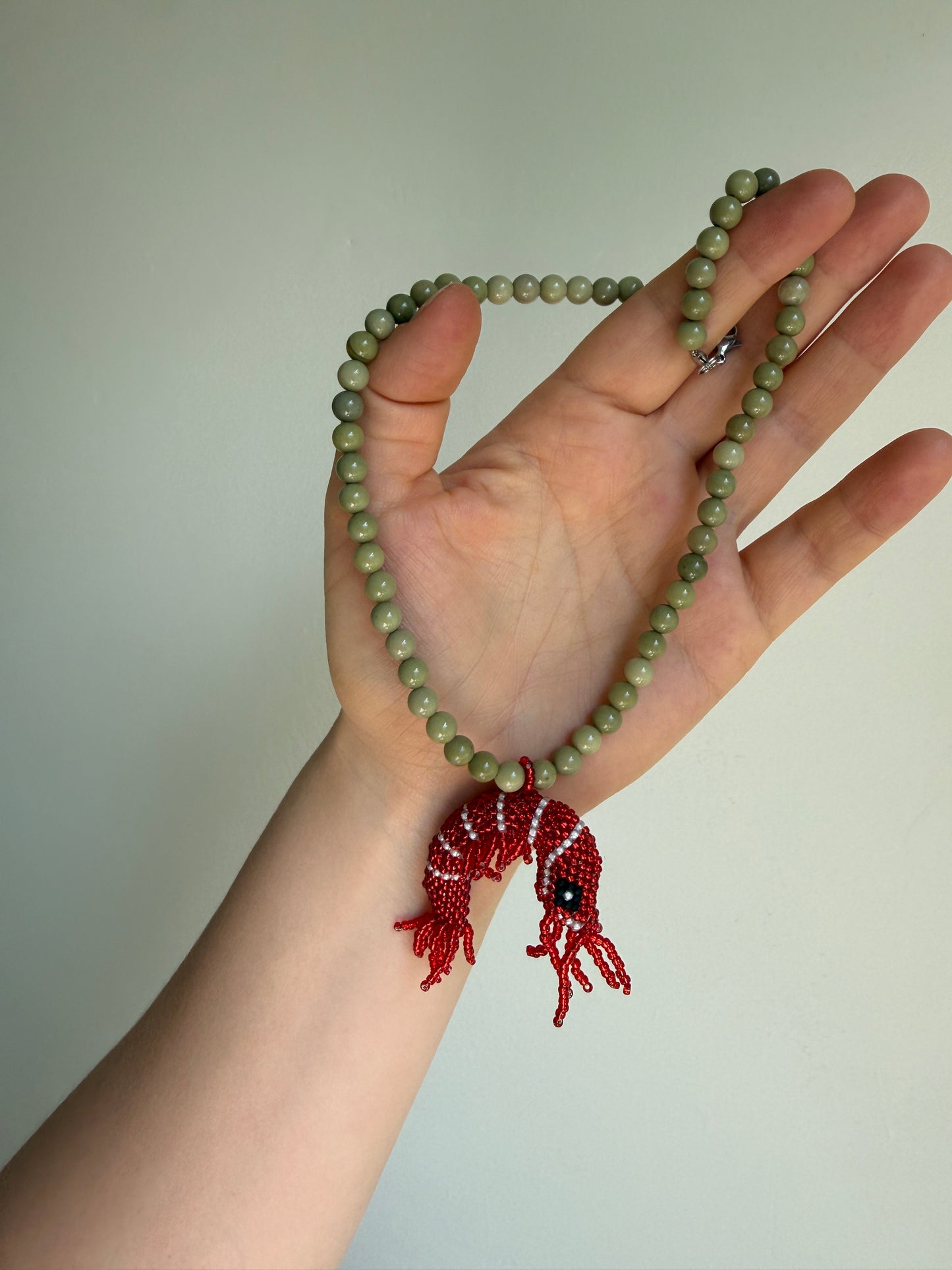 Handmade Shrimp Necklace with Green Natural Stone Beads