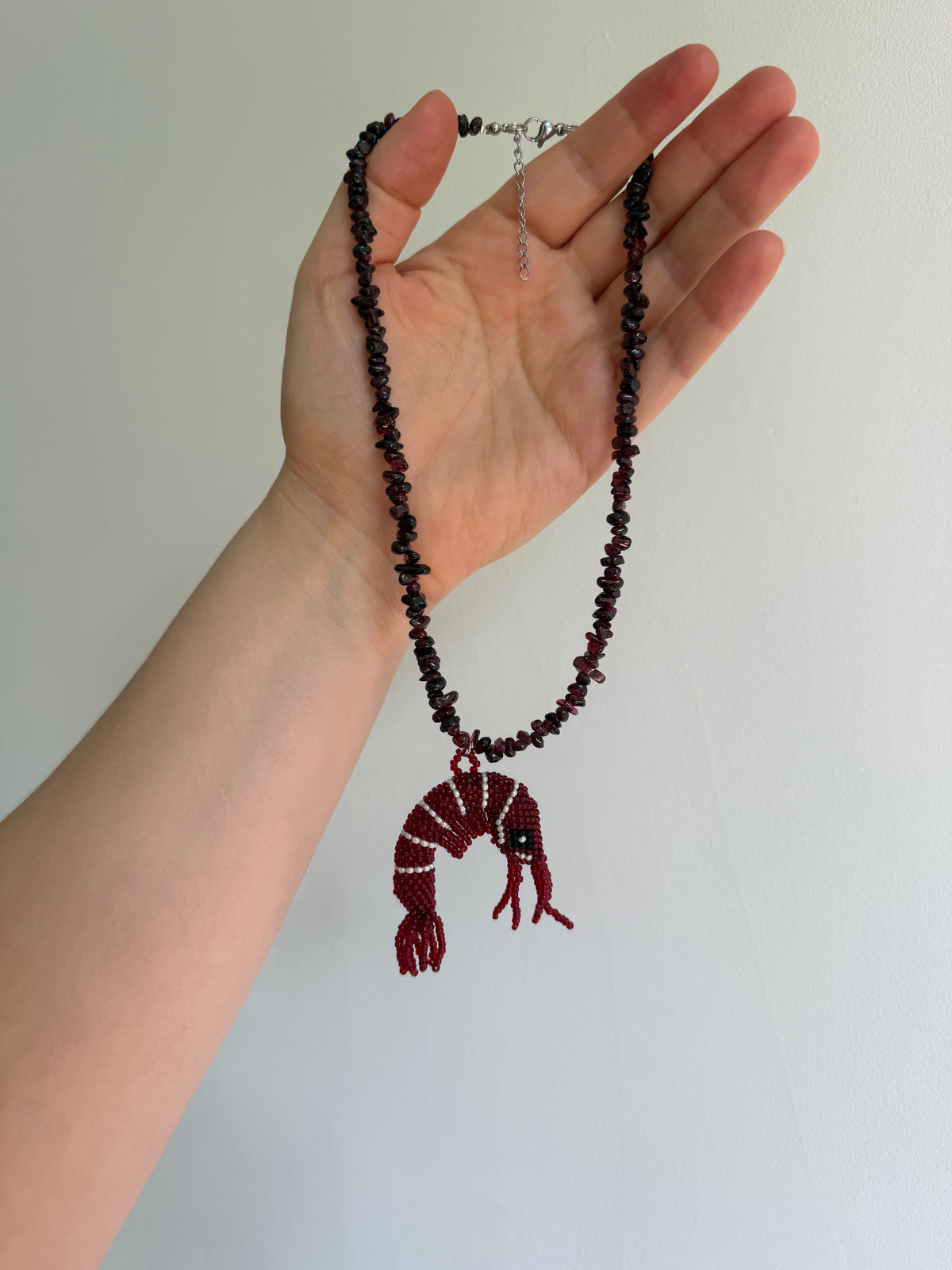 Beaded Shrimp Necklace, Natural Garnet and Japanese Seed Bead Jewelry