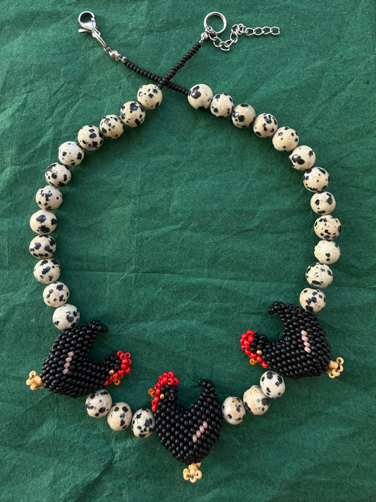 Beaded Black Hen Necklace, Dalmatian Jasper and Japanese Seed Bead Choker