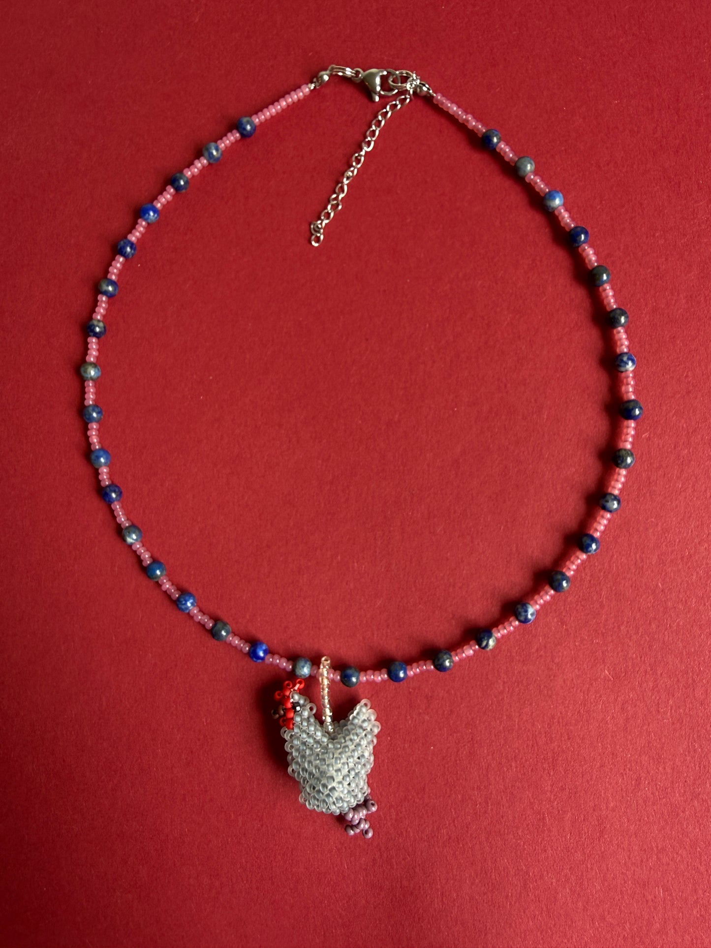 Hen Pendant Necklace with Natural Lapis Lazuli Beads