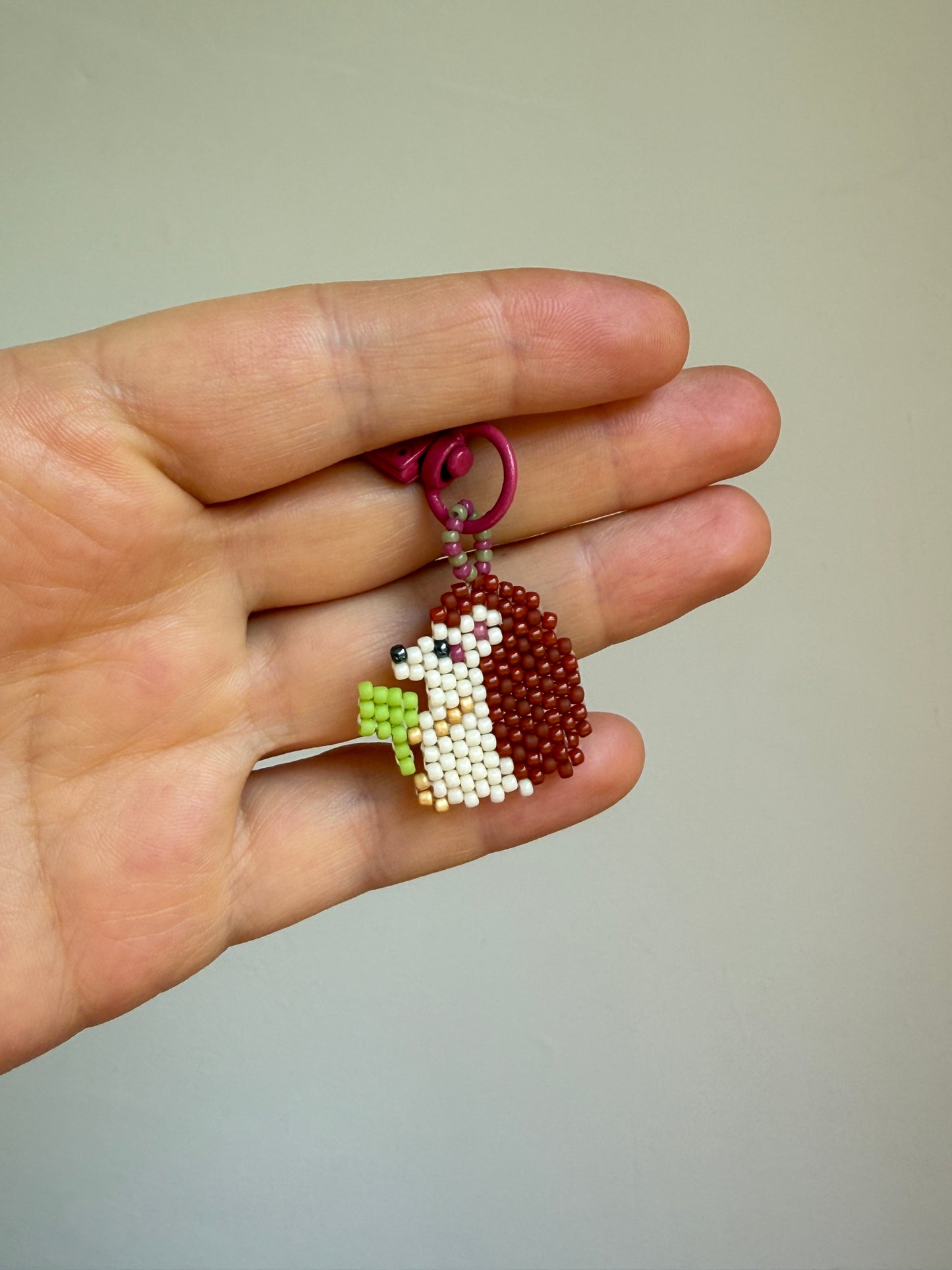 Hedgehog Beaded Keychain with Leaf