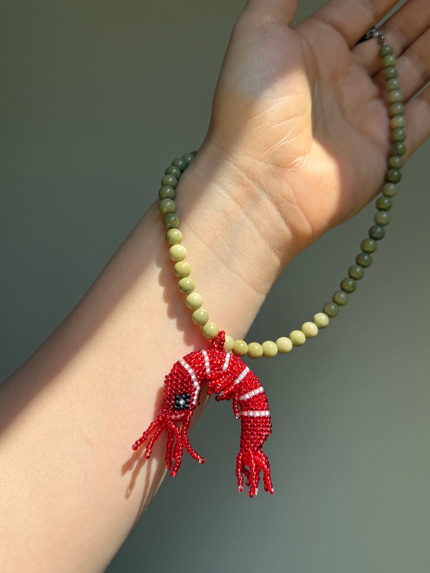 Handmade Shrimp Necklace with Green Natural Stone Beads