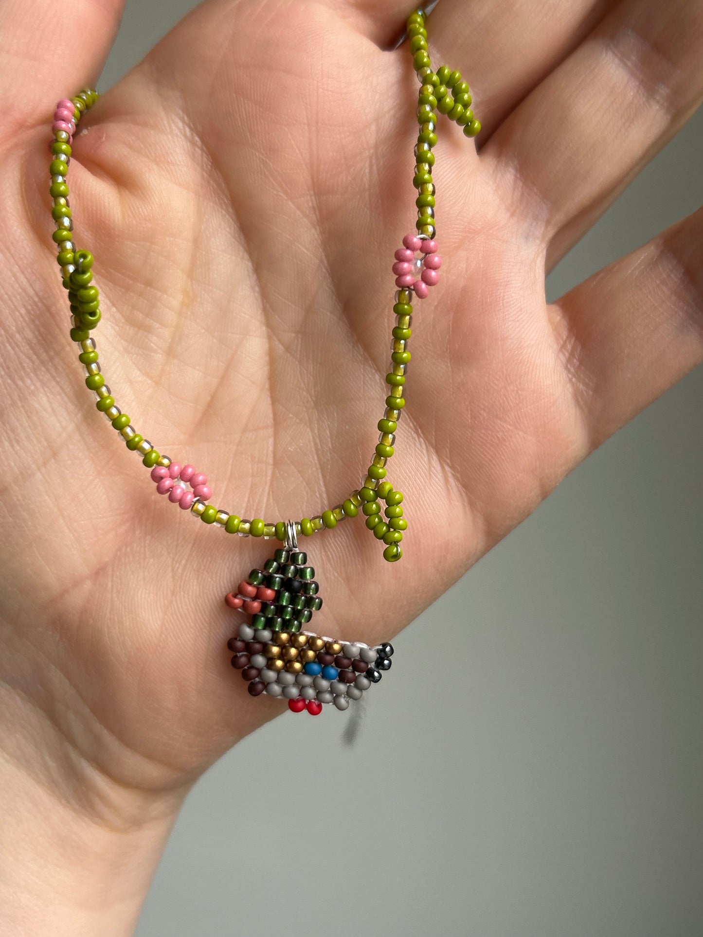 Handmade Beaded Duck Necklace with Flowers
