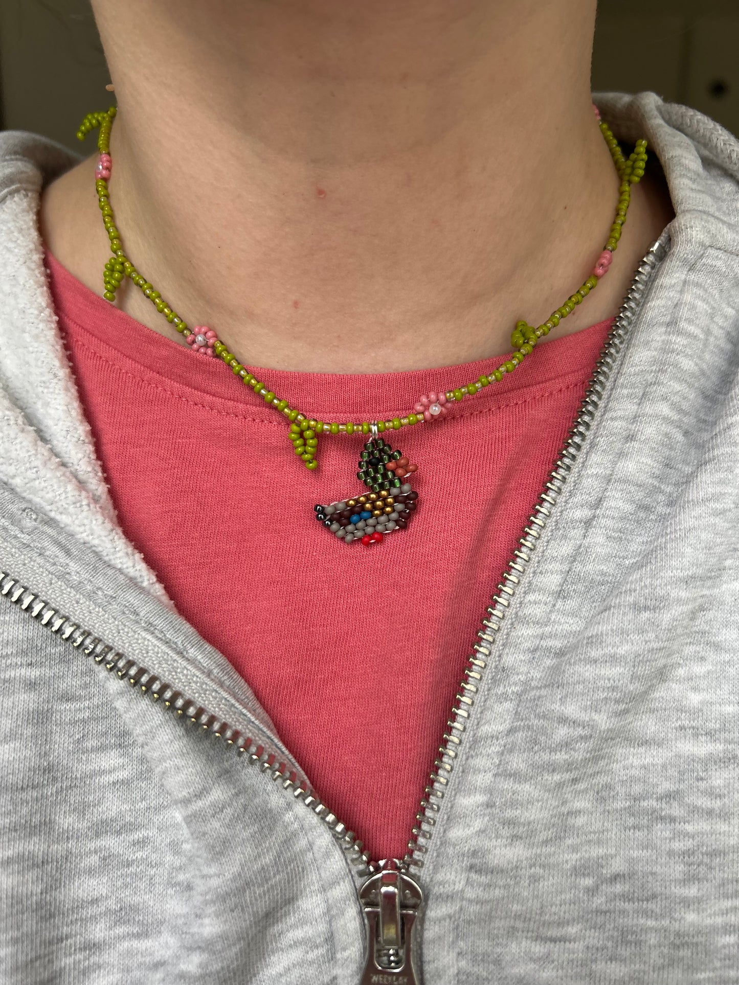 Handmade Beaded Duck Necklace with Flowers