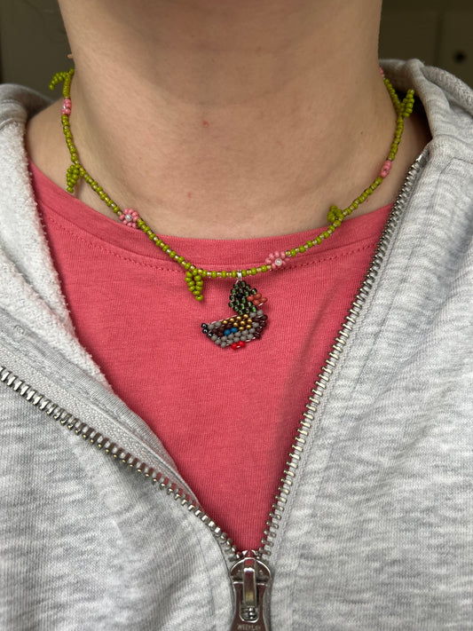 Handmade Beaded Duck Necklace with Flowers