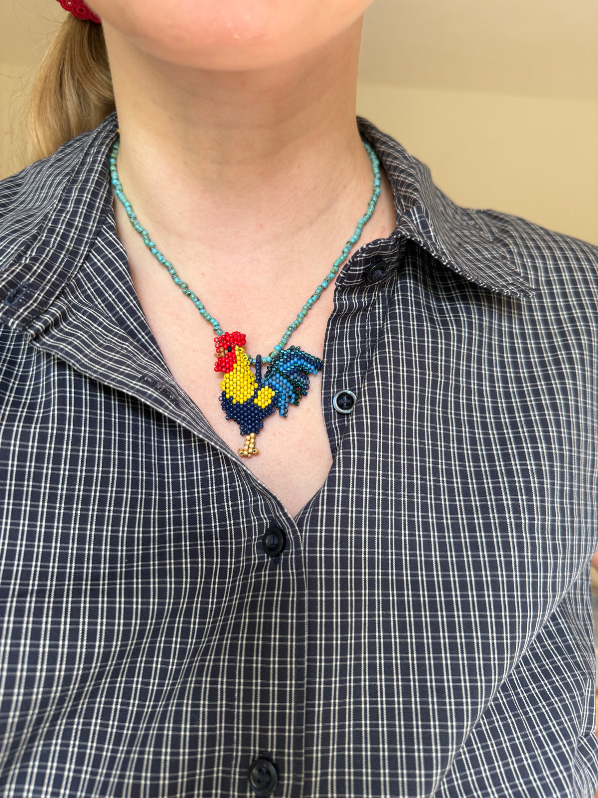 Hand-Beaded Rooster Pendant Necklace with Removable Charm