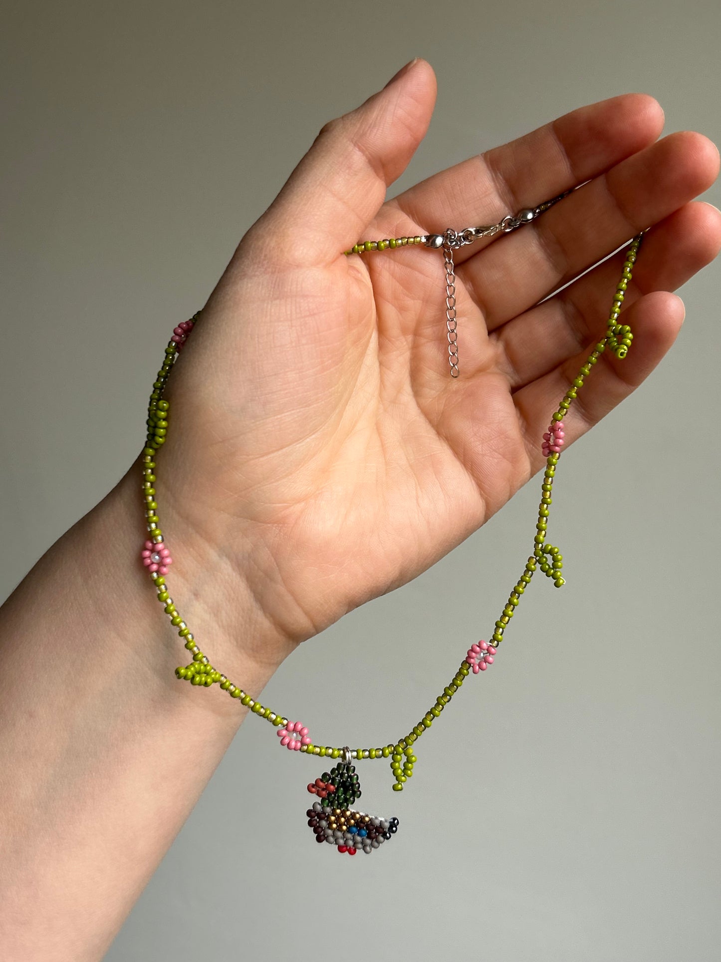 Handmade Beaded Duck Necklace with Flowers