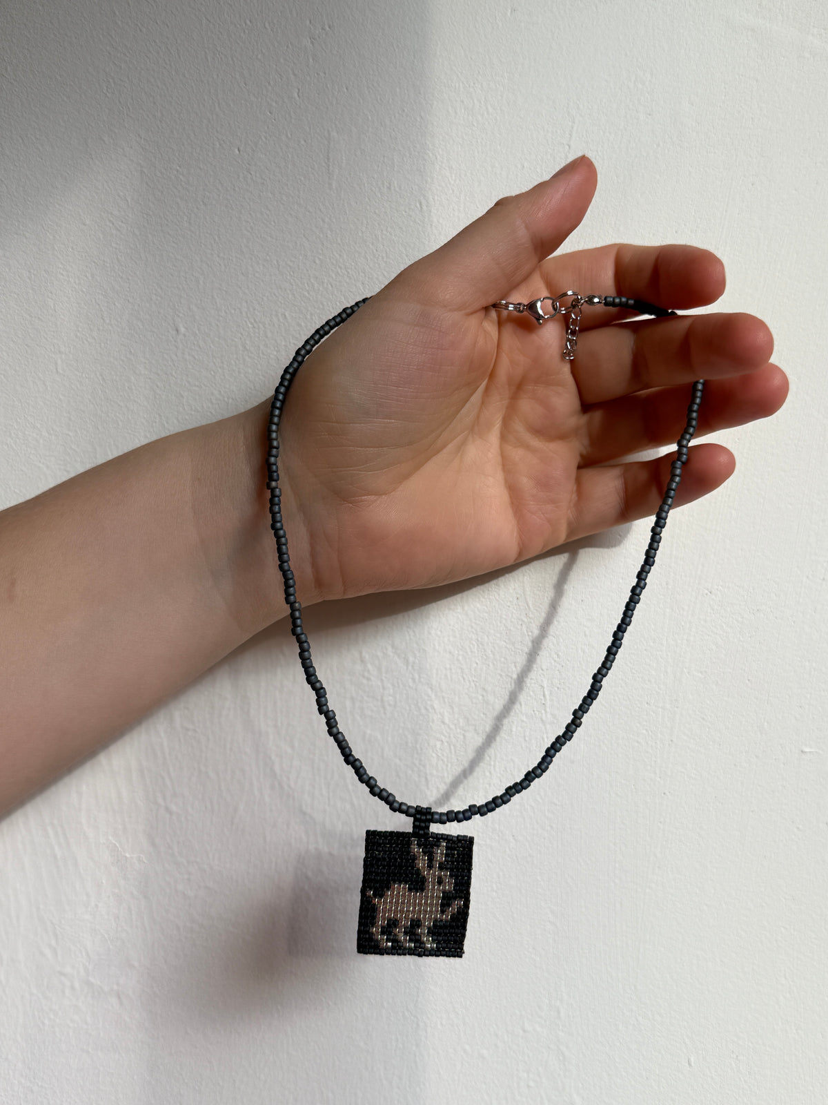 Beaded Rabbit Necklace, Silver Bunny Charm Pendant Choker, Japanese Seed Bead Animal Jewelry