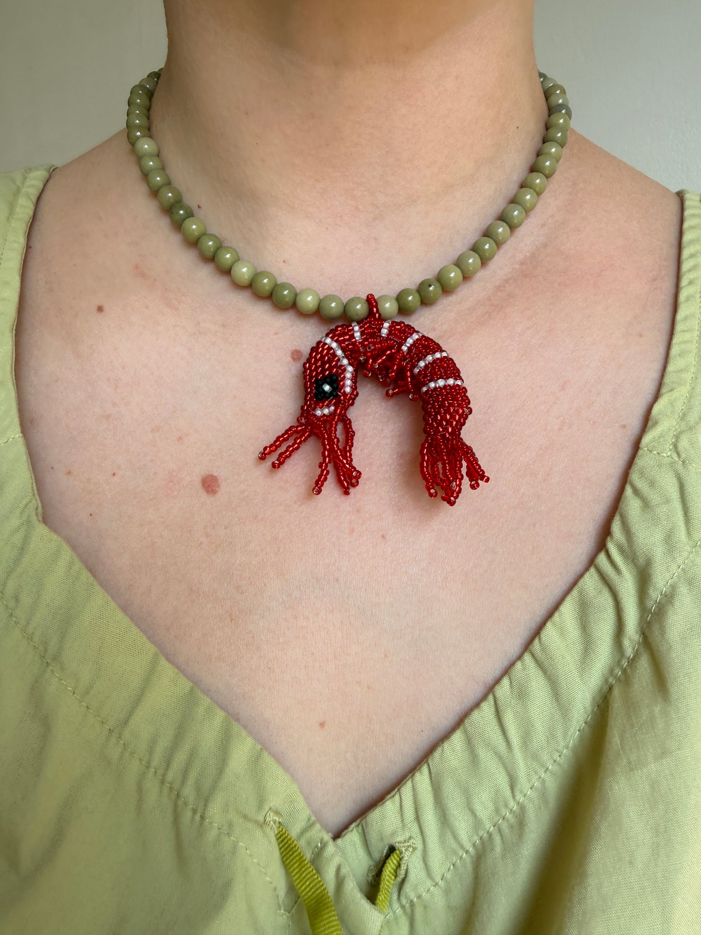 Handmade Shrimp Necklace with Green Natural Stone Beads