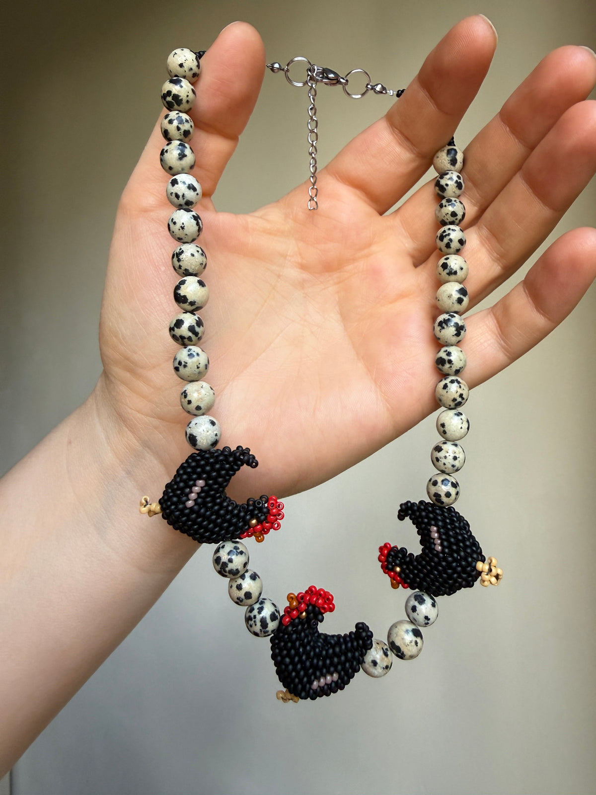 Beaded Black Hen Necklace, Dalmatian Jasper and Japanese Seed Bead Choker