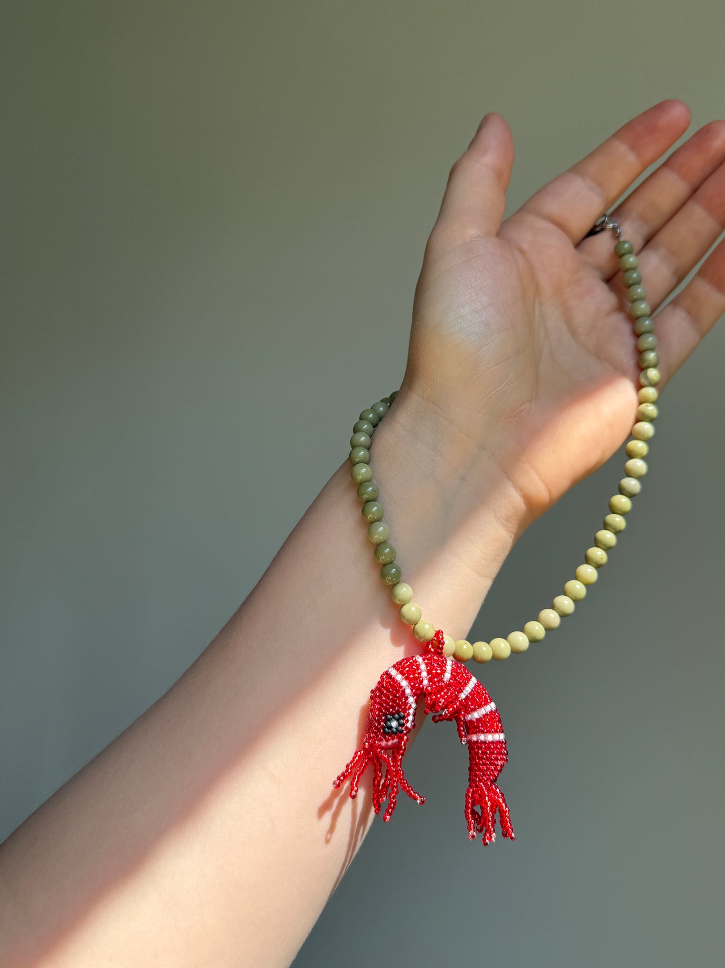 Handmade Shrimp Necklace with Green Natural Stone Beads