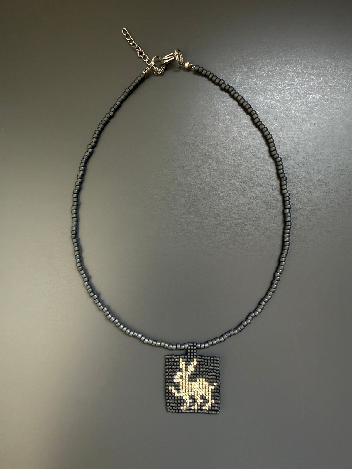 Beaded Rabbit Necklace, Silver Bunny Charm Pendant Choker, Japanese Seed Bead Animal Jewelry