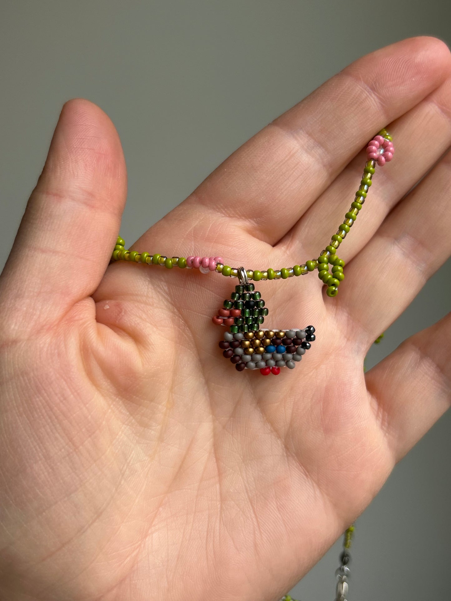 Handmade Beaded Duck Necklace with Flowers
