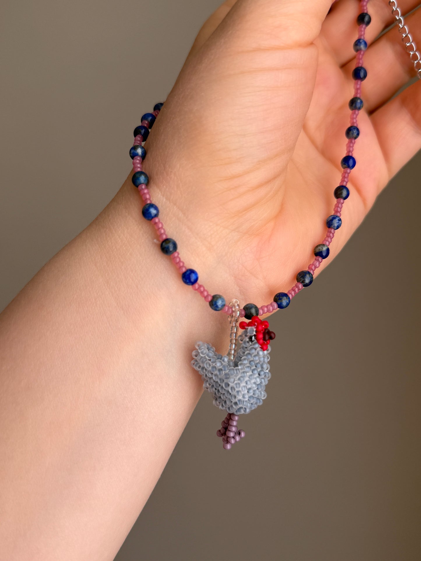 Hen Pendant Necklace with Natural Lapis Lazuli Beads