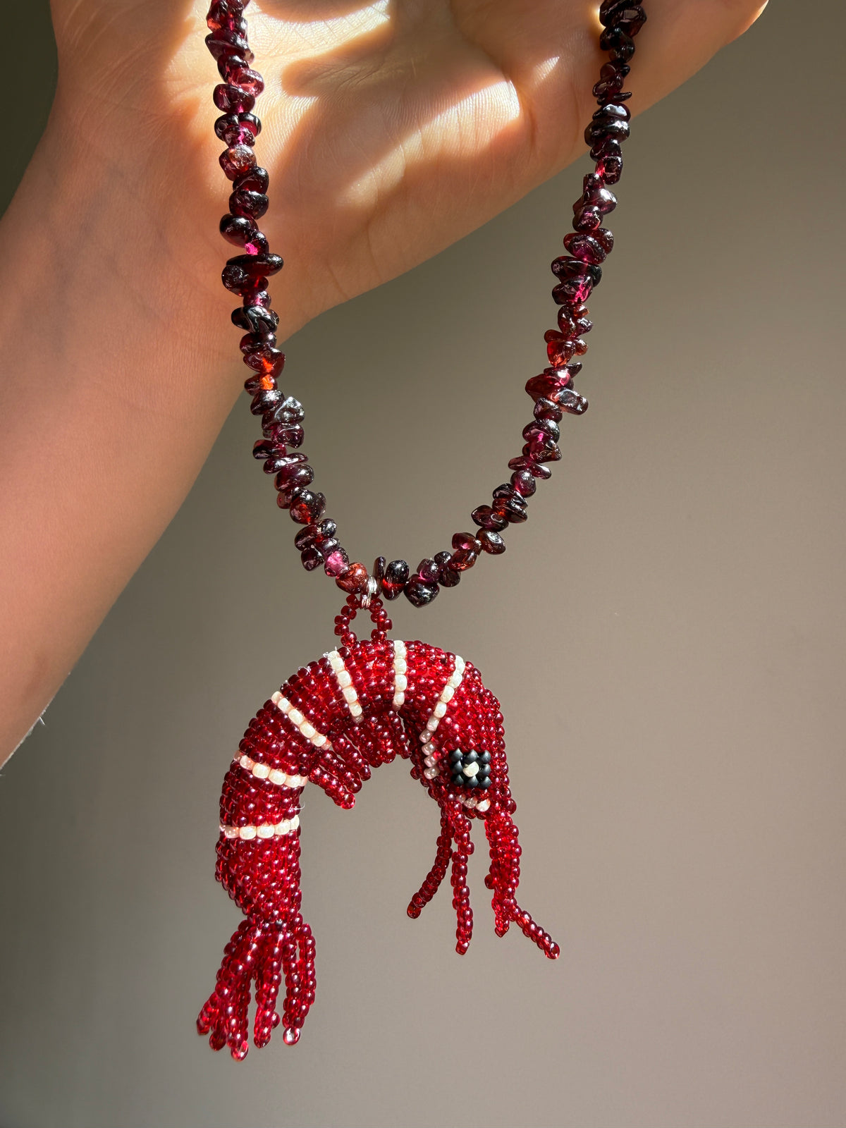 Beaded Shrimp Necklace, Natural Garnet and Japanese Seed Bead Jewelry