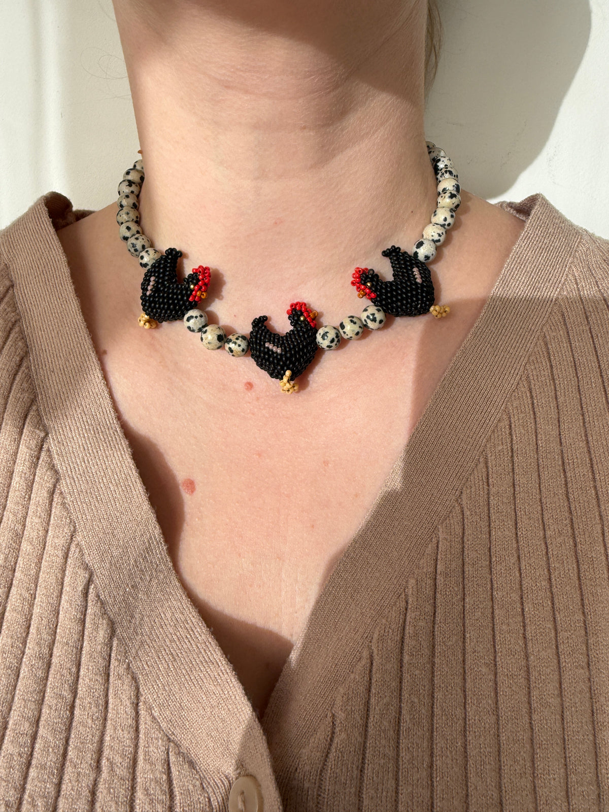 Beaded Black Hen Necklace, Dalmatian Jasper and Japanese Seed Bead Choker