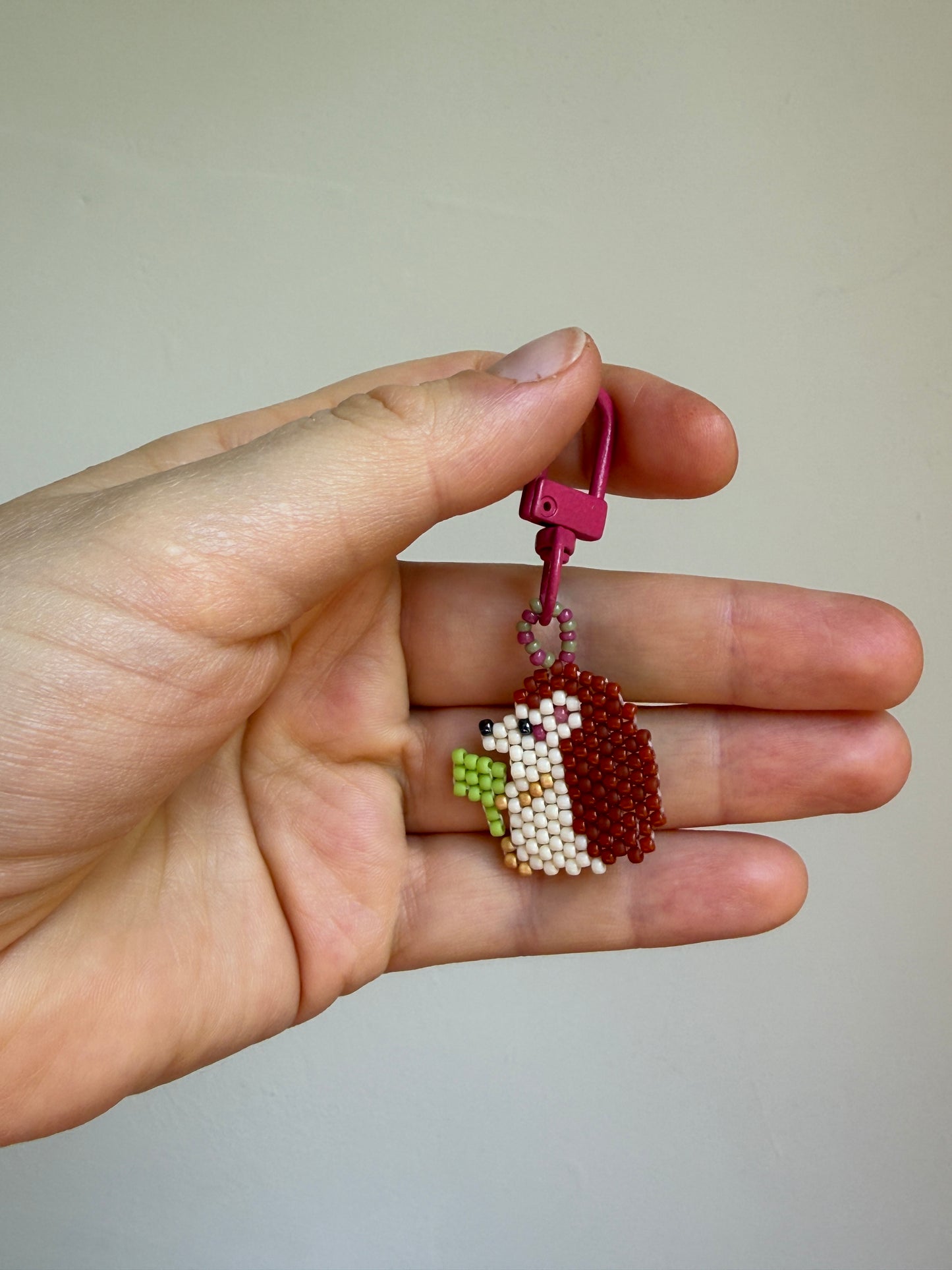 Hedgehog Beaded Keychain with Leaf