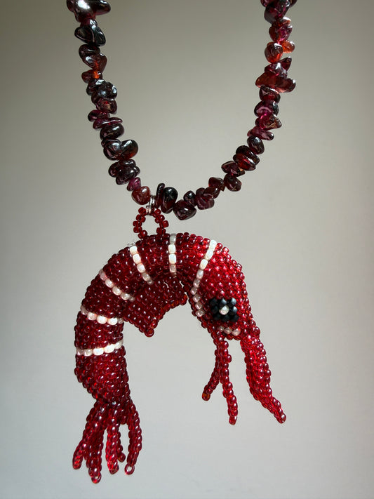 Beaded Shrimp Necklace, Natural Garnet and Japanese Seed Bead Jewelry