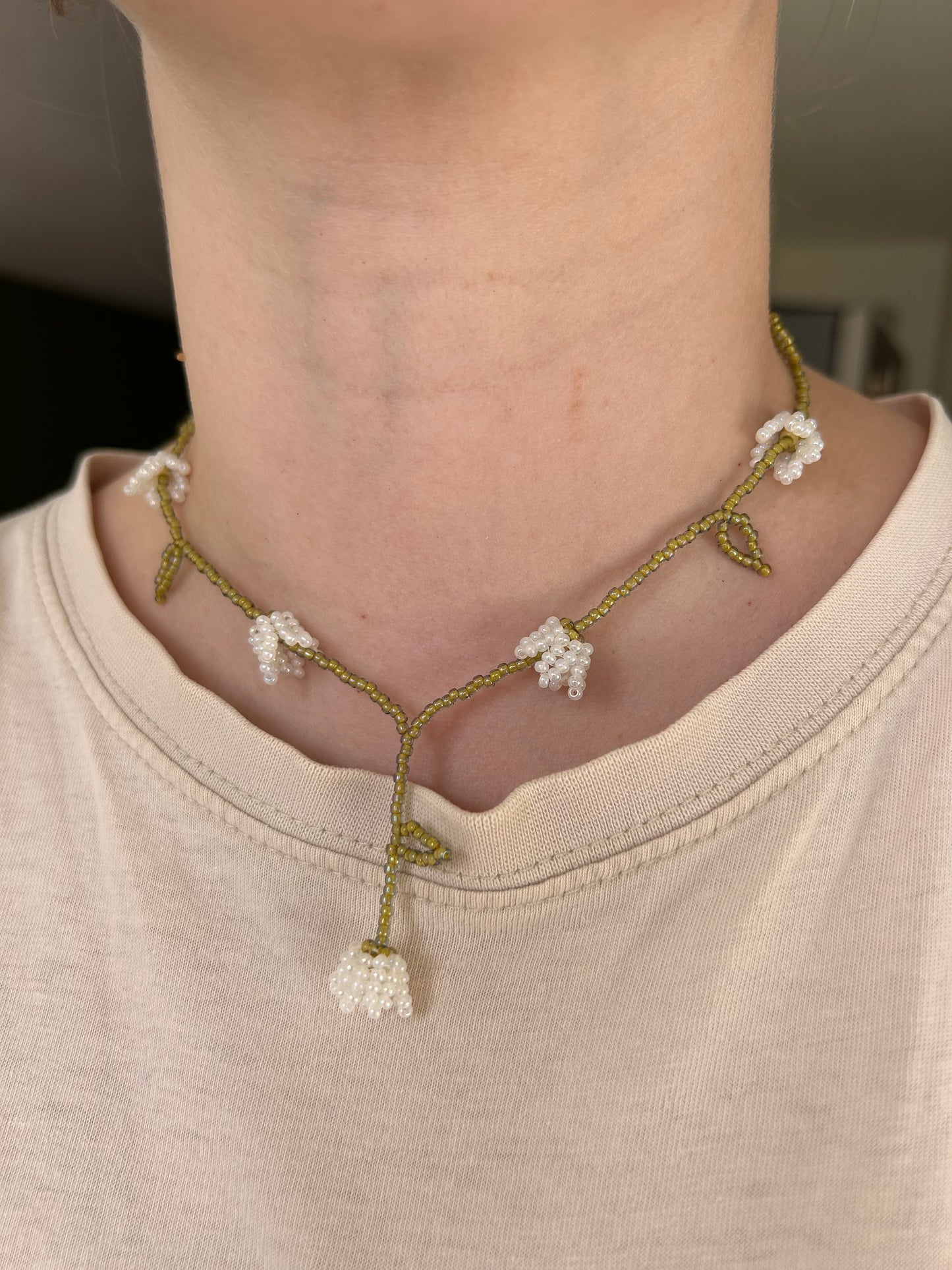 Lily of the Valley Beaded Necklace – Handmade Floral Choker