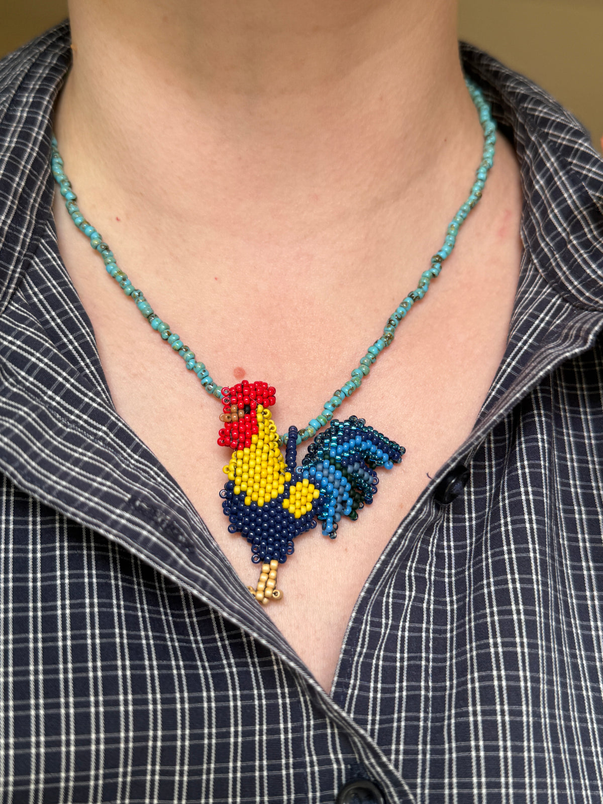 Hand-Beaded Rooster Pendant Necklace with Removable Charm
