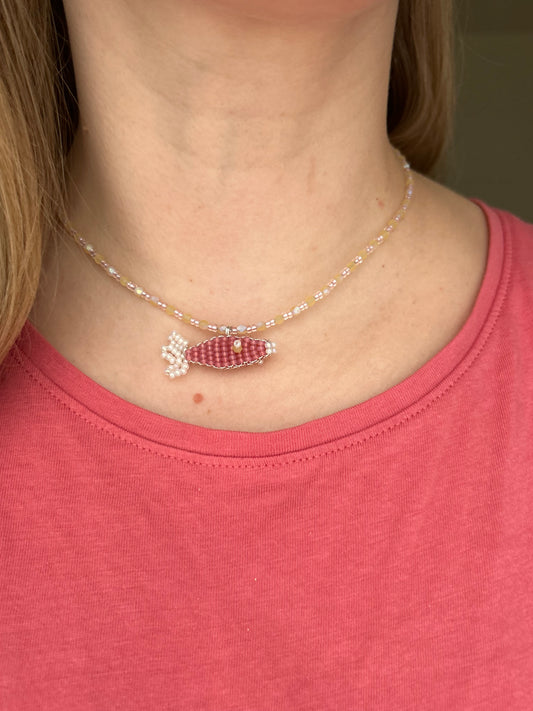 Pink Fish Beaded Necklace – Handmade Jewelry