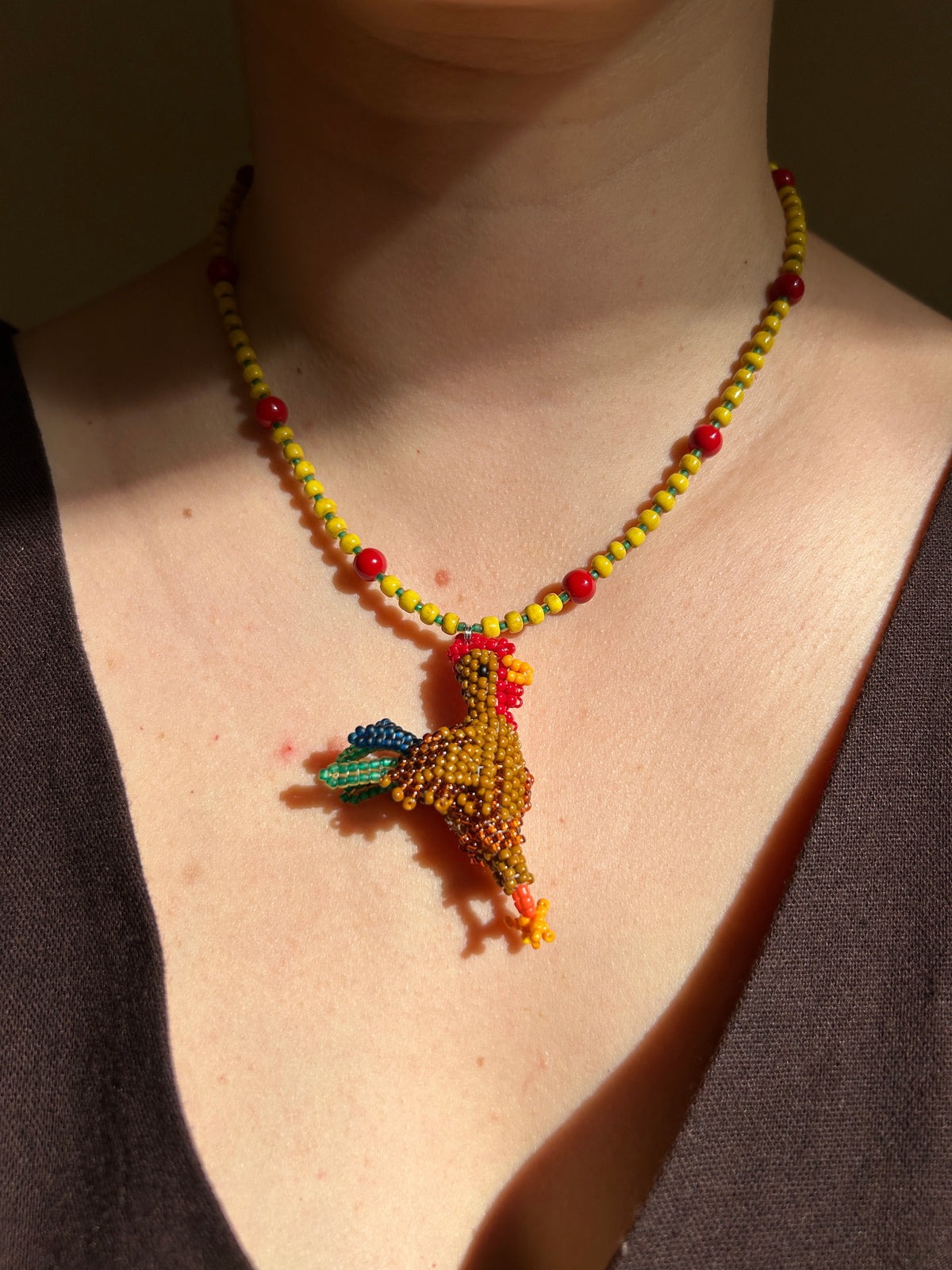 Beaded Rooster Necklace – Handmade Miyuki Seed Bead Pendant