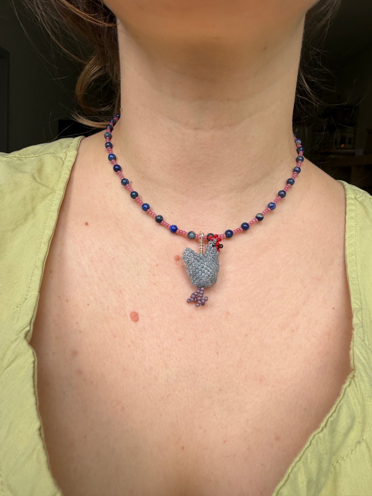 Hen Pendant Necklace with Natural Lapis Lazuli Beads