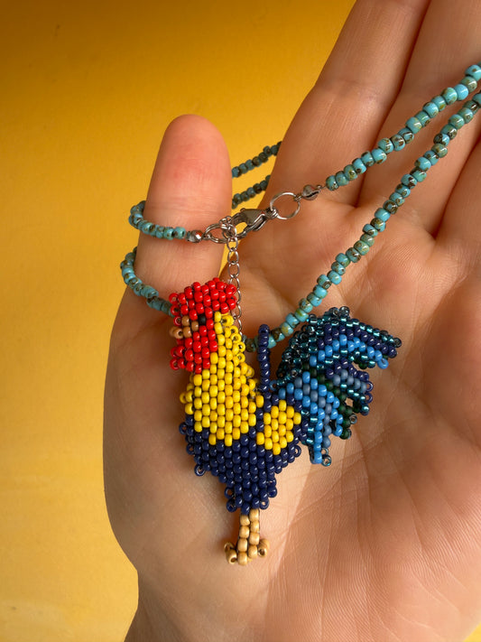 Hand-Beaded Rooster Pendant Necklace with Removable Charm