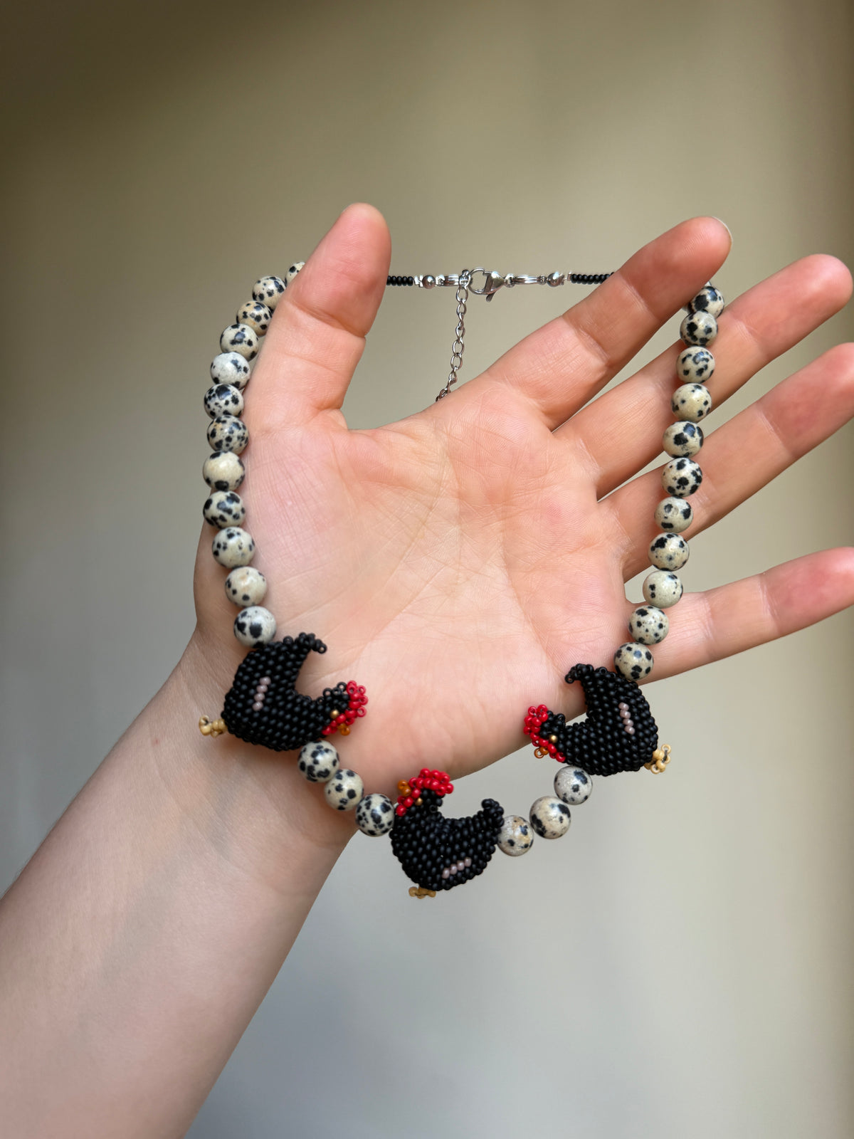 Beaded Black Hen Necklace, Dalmatian Jasper and Japanese Seed Bead Choker