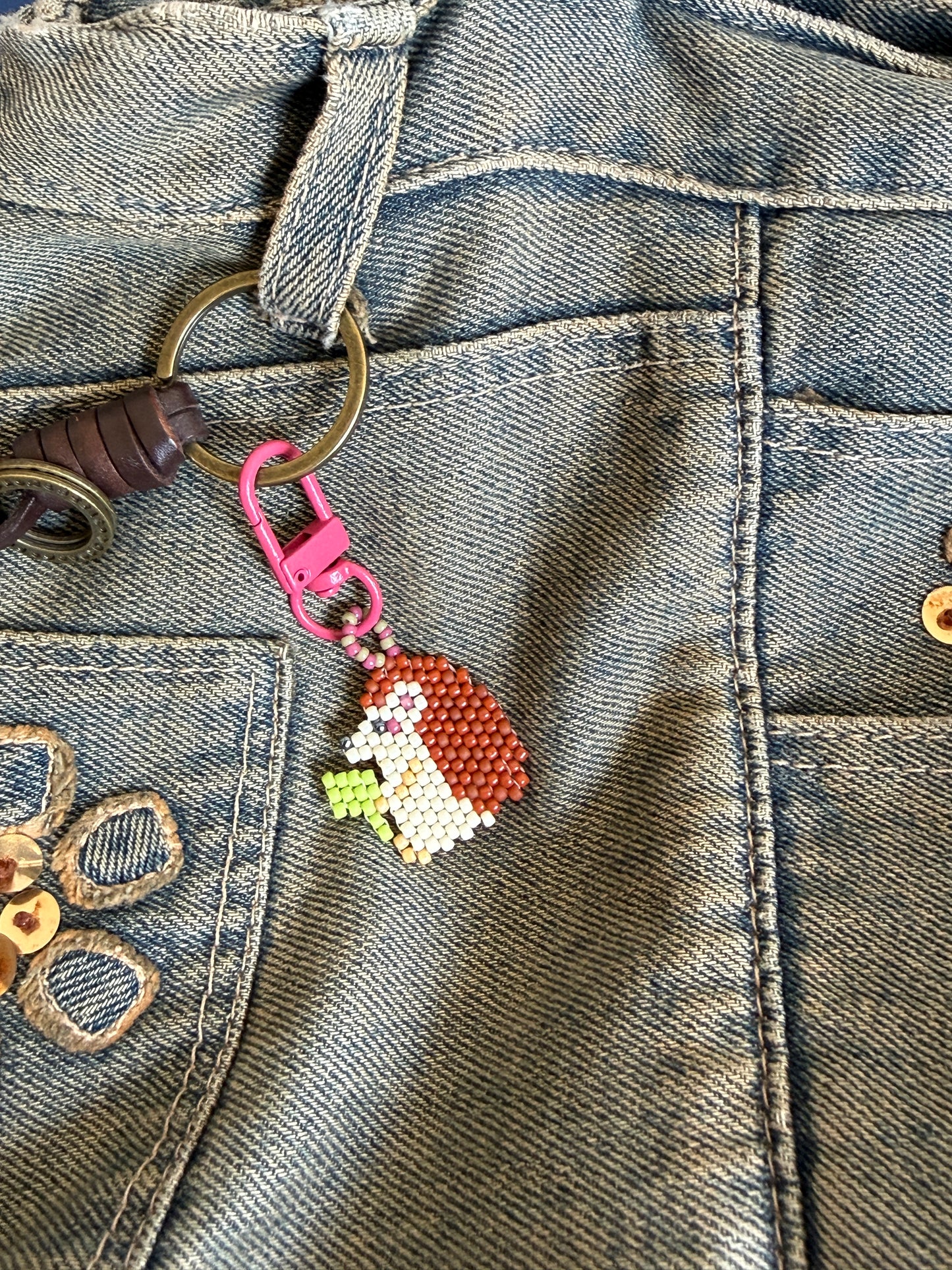 Hedgehog Beaded Keychain with Leaf