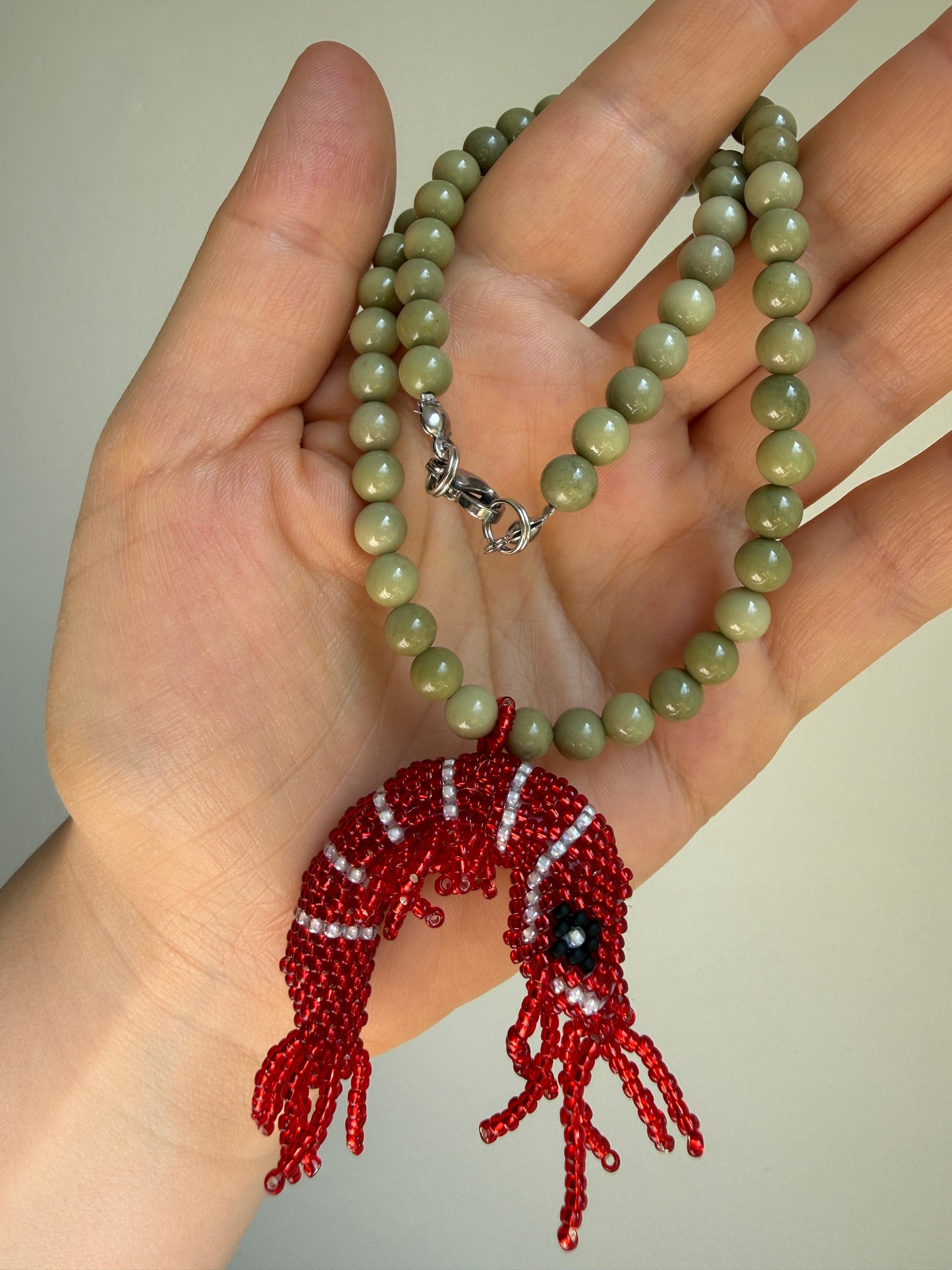 Handmade Shrimp Necklace with Green Natural Stone Beads