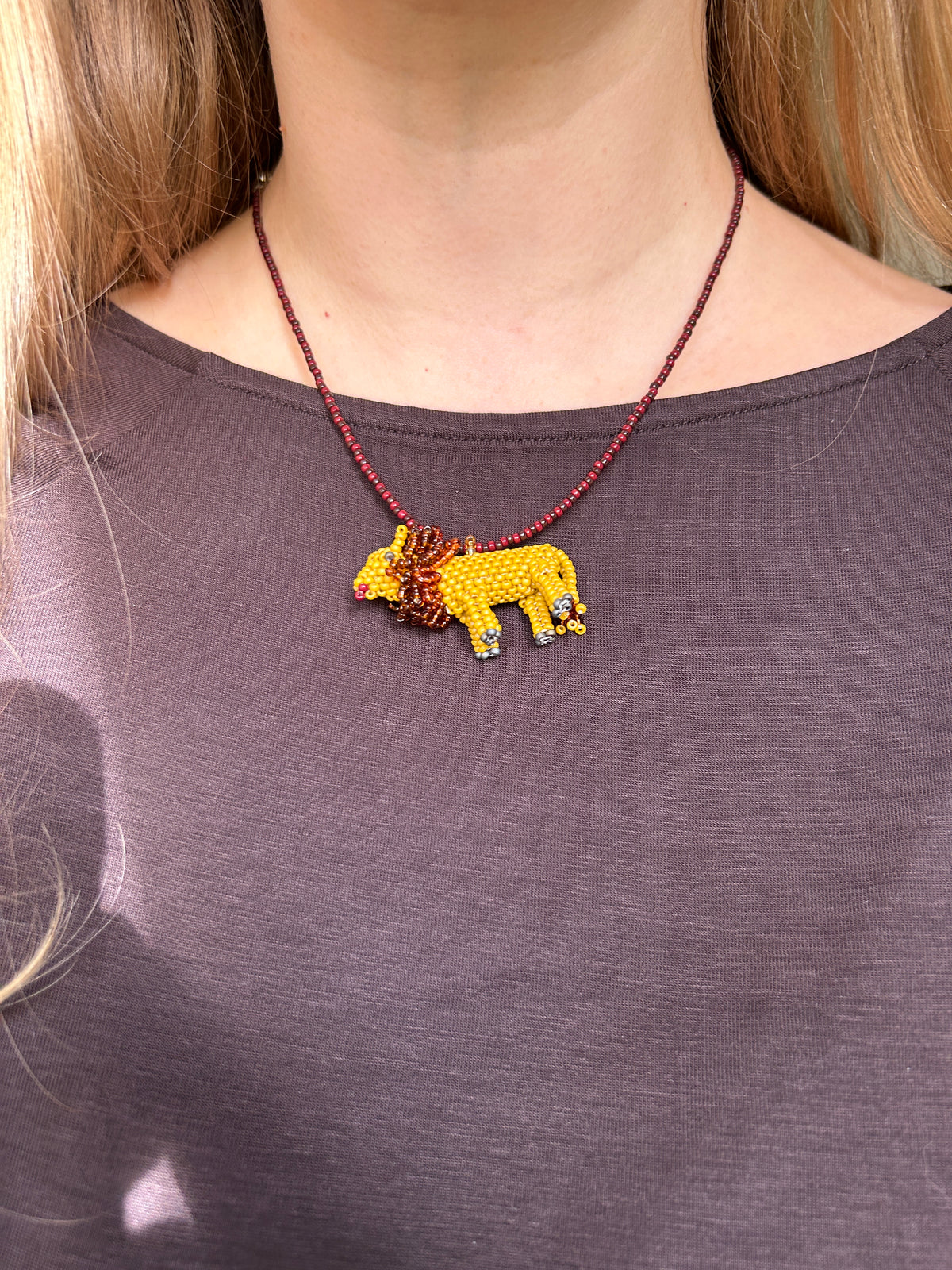 Handmade Beaded Lion Necklace – Yellow Lion Pendant